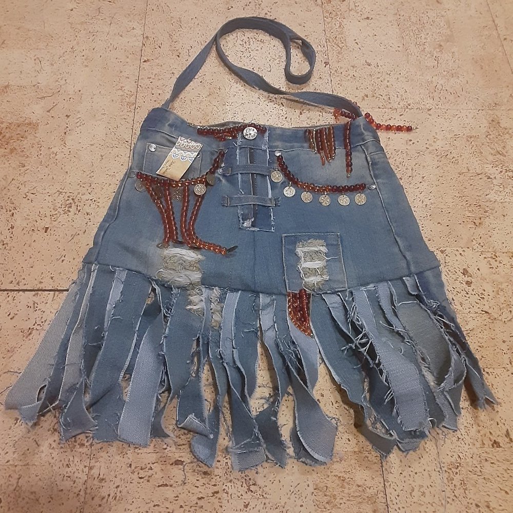NWT- Boho/ Hippie/Gypsy Jean Crossbody Bag/Purse- Fringe- Upcycled- Women's.